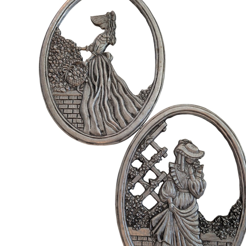 Carson Pewter Oval Plaques Souther bells Garden Ladies lot 2 11 inch vintage 80s